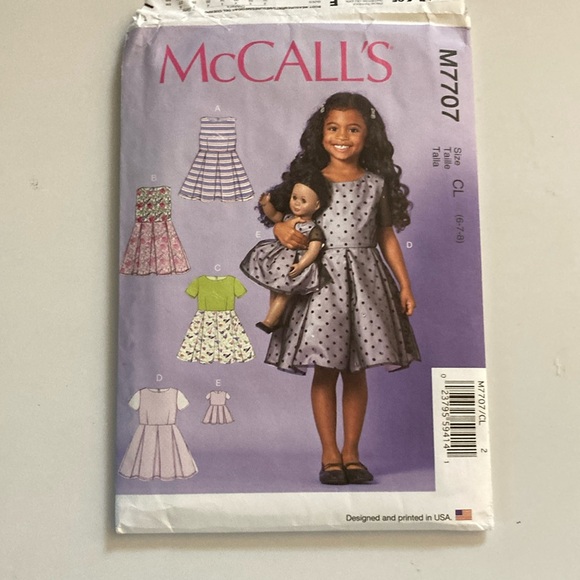 McCall’s M7707 Girls 6 7 8 Dress Pattern matching doll dress 18" - Picture 1 of 7